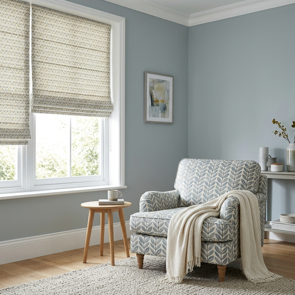 A welcoming living room featuring coordinated wall colour, patterned fabric and well-proportioned curtains or a Roman blind.